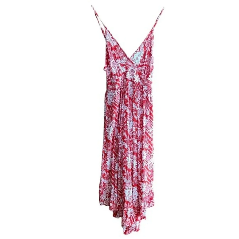 Angie Floral Print Jumpsuit Wide Leg Ruffled Smocked‎ Red White Size S